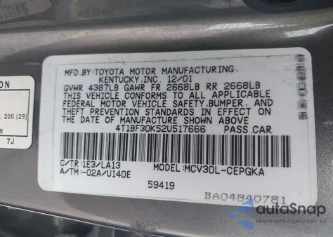 2002 Toyota Camry Xle V6 from USA, damaged, VIN 4T1BF30K52U517666